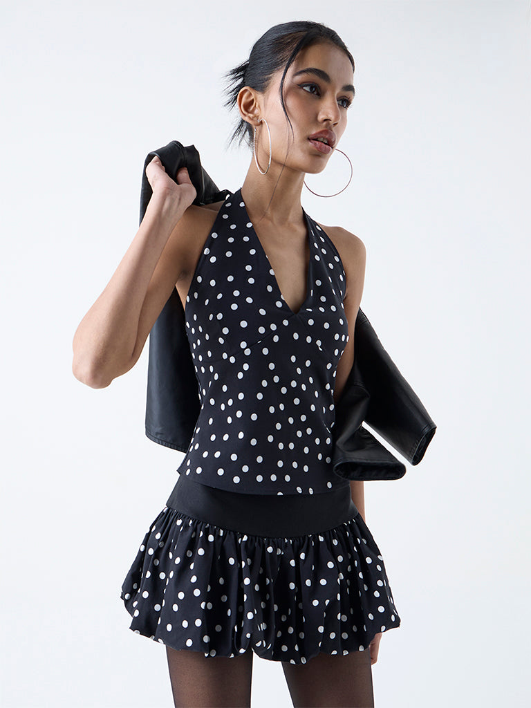 Nuon Black Polka Dots Halter-Neck Top