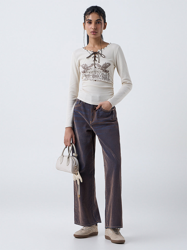 Nuon Beige Printed Cotton-Blend Top