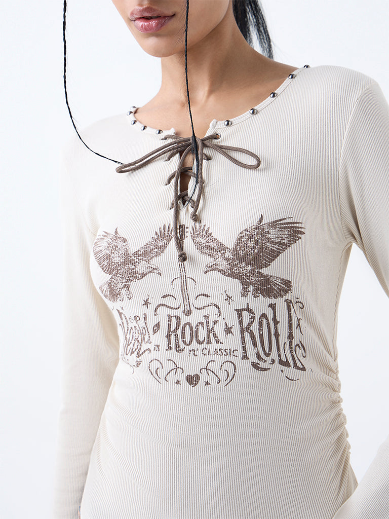 Nuon Beige Printed Cotton-Blend Top