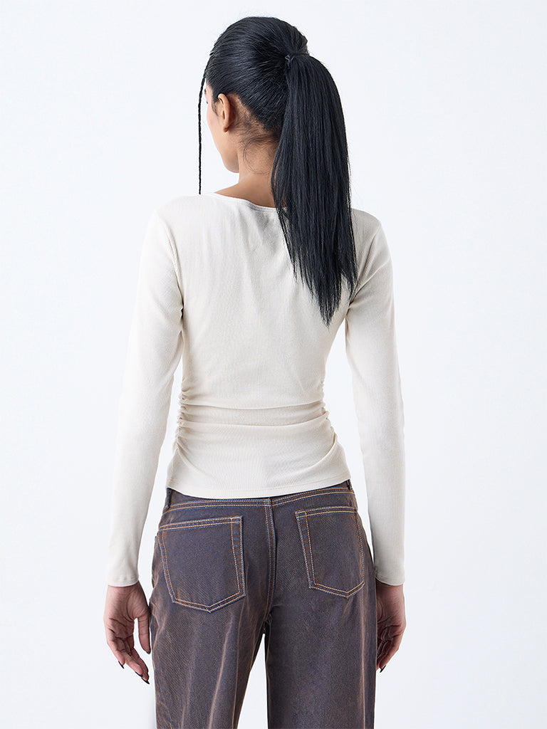 Nuon Beige Printed Cotton-Blend Top