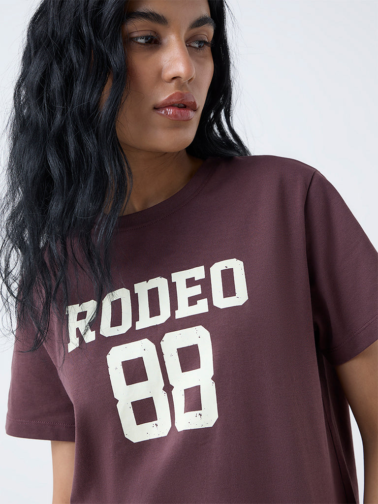 Nuon Dark Brown Printed Cotton T-Shirt
