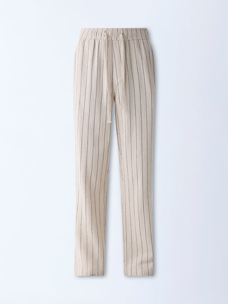 ETA Beige Pinstriped Relaxed-Fit Mid-Rise Cotton Trousers