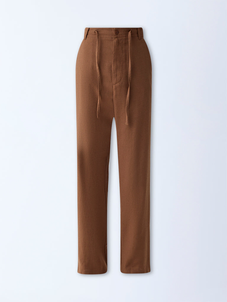 ETA Brown Solid Relaxed-Fit Mid-Rise Cotton-Blend Chinos