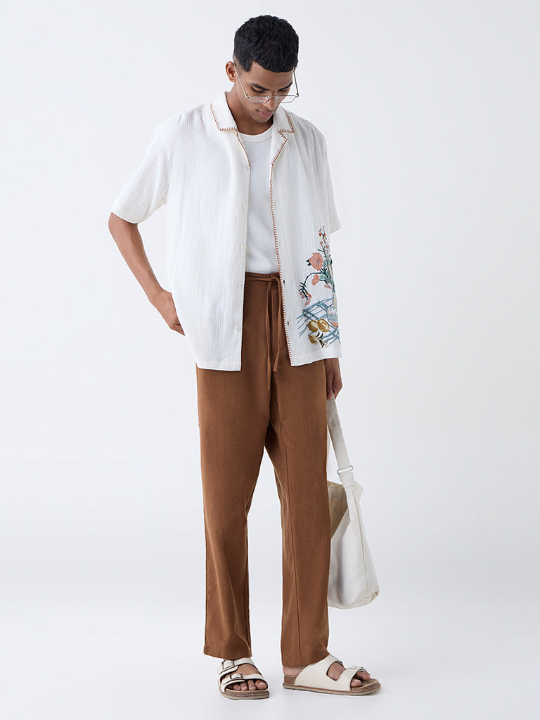 ETA Brown Solid Relaxed-Fit Mid-Rise Cotton-Blend Chinos