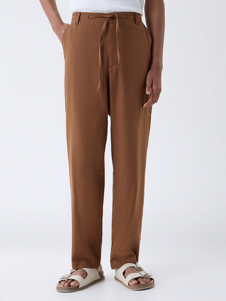 ETA Brown Solid Relaxed-Fit Mid-Rise Cotton-Blend Chinos