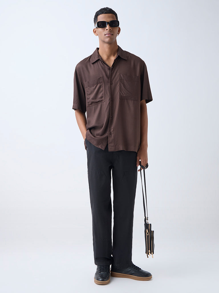 Nuon Brown Solid Relaxed-Fit Shirt