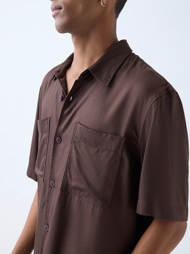 Nuon Brown Solid Relaxed-Fit Shirt