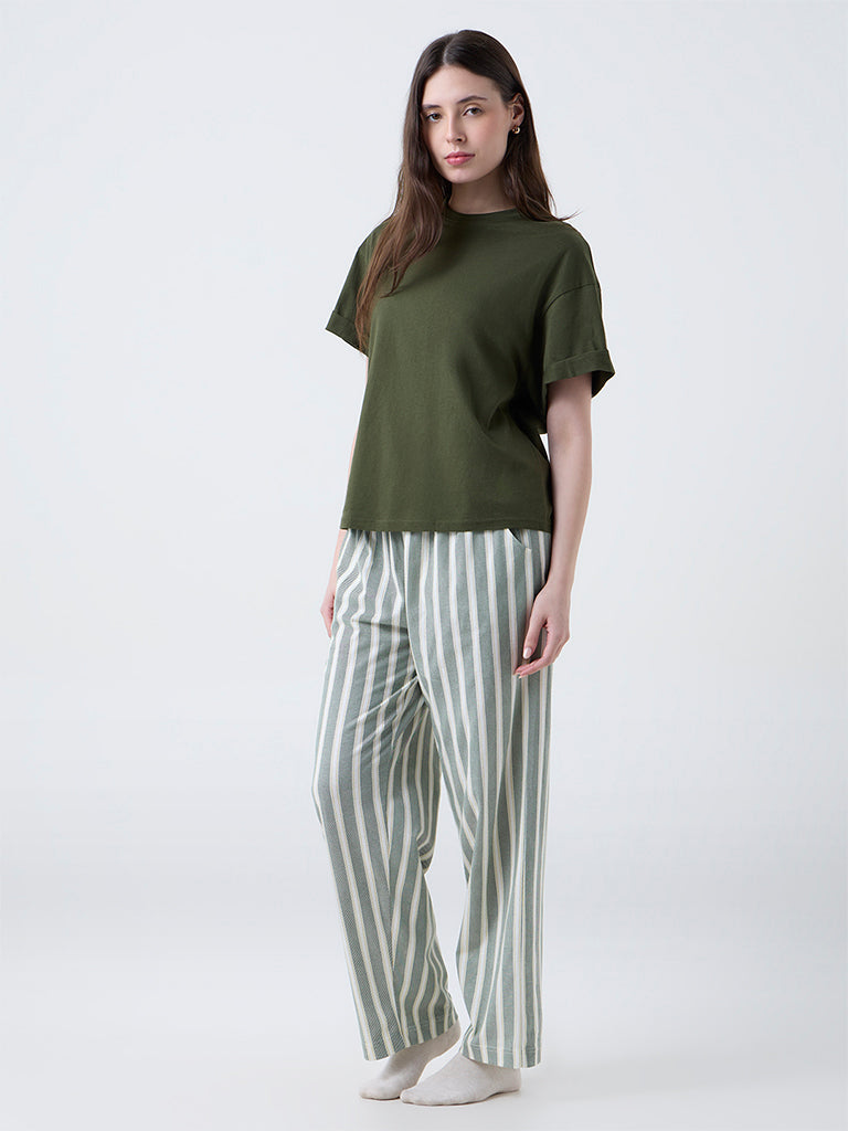 Wunderlove Green Striped Cotton High-Rise Lounge Pants