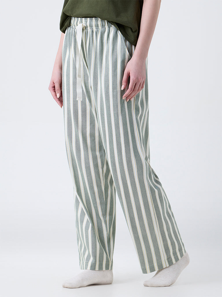 Wunderlove Green Striped Cotton High-Rise Lounge Pants