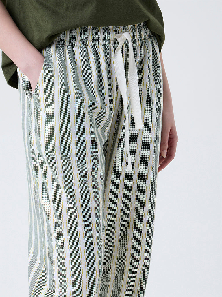 Wunderlove Green Striped Cotton High-Rise Lounge Pants