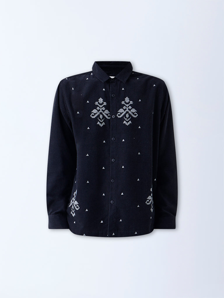 ETA Black Embroidered Relaxed-Fit Cotton Shirt