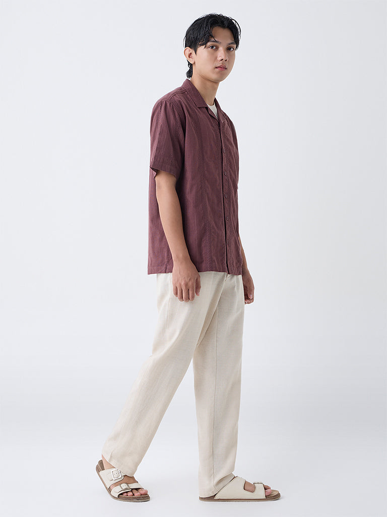 ETA Burgundy Embroidered Relaxed-Fit Cotton Shirt