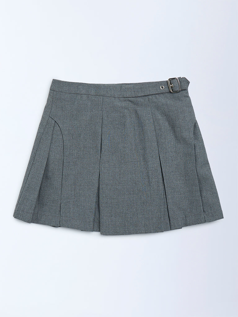 Girls Grey Box Pleated High-Rise Cotton-Blend Skirt