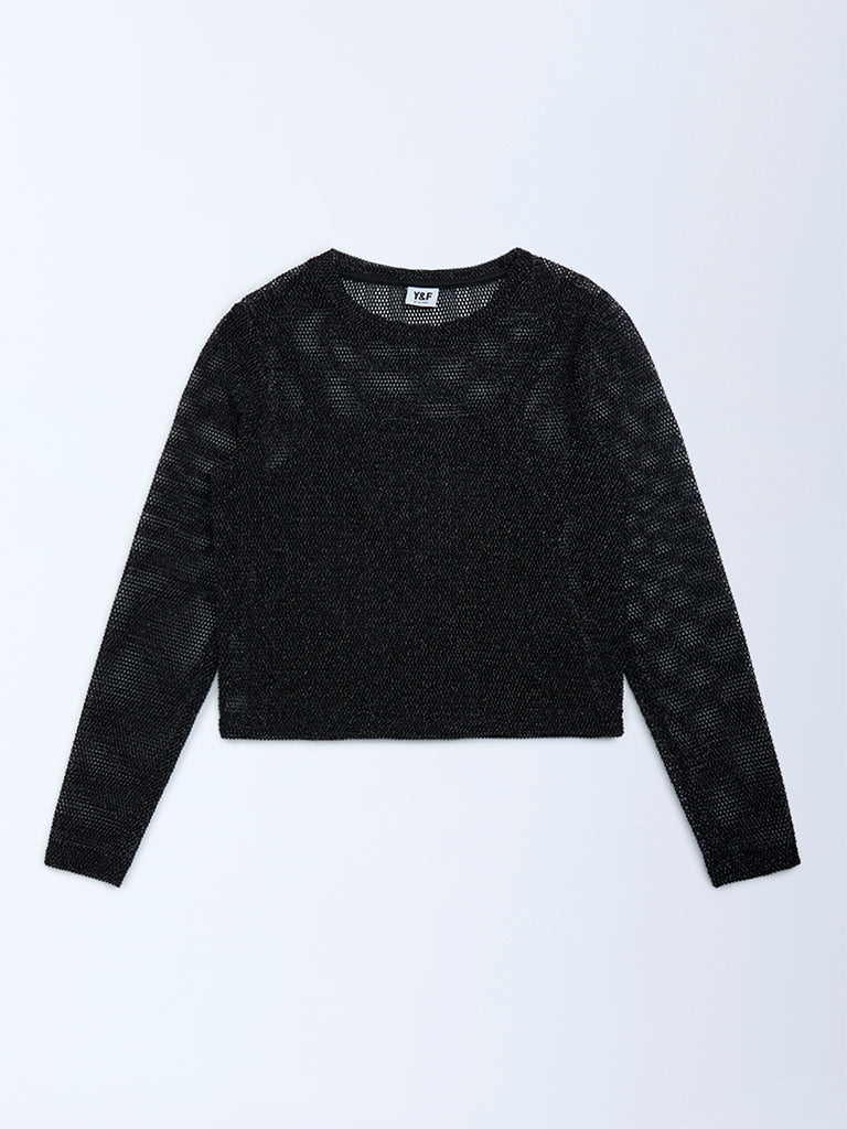 Girls Black Knit-Textured Top