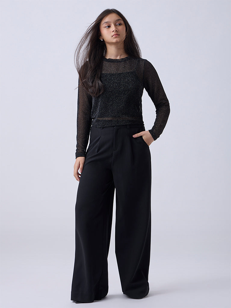 Girls Black Knit-Textured Top