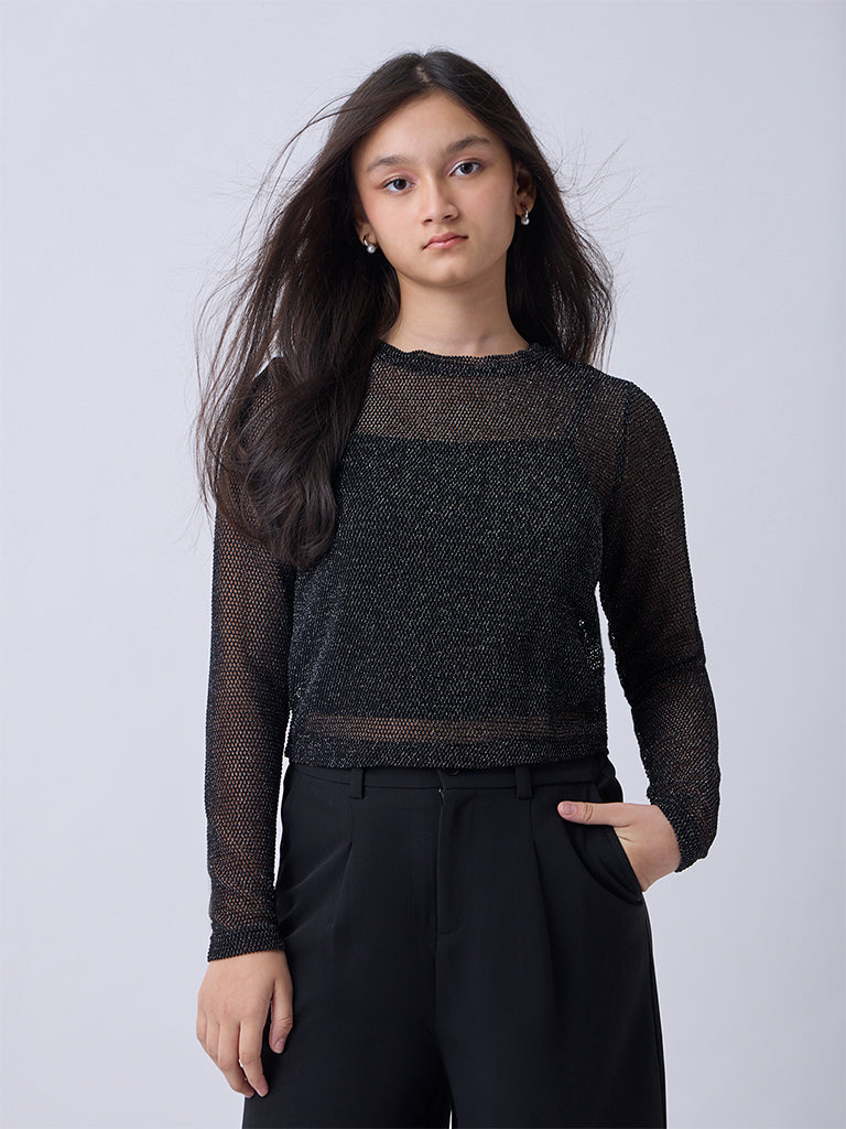Girls Black Knit-Textured Top