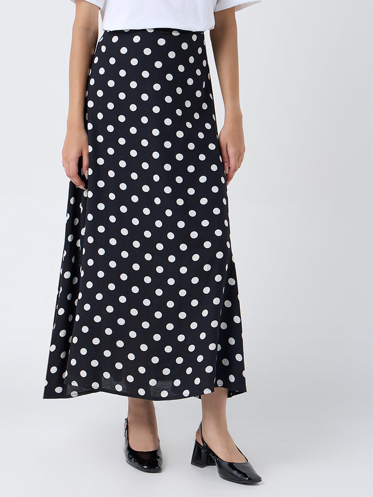 LOV Black Polka Dotted High-Rise Linen-Blend Skirt