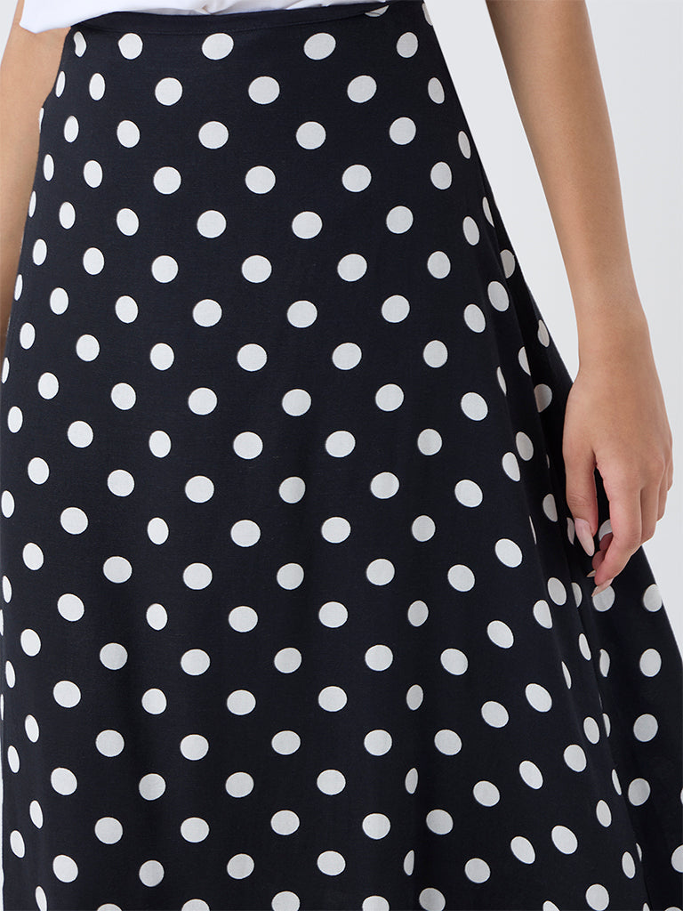 LOV Black Polka Dotted High-Rise Linen-Blend Skirt