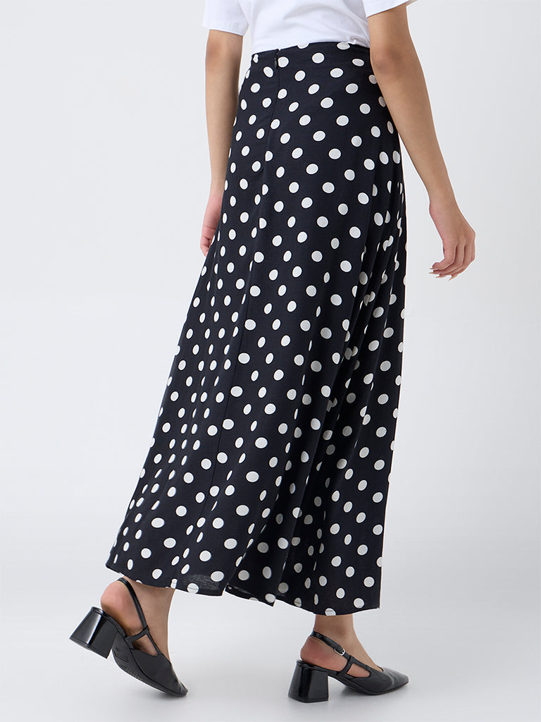 LOV Black Polka Dotted High-Rise Linen-Blend Skirt