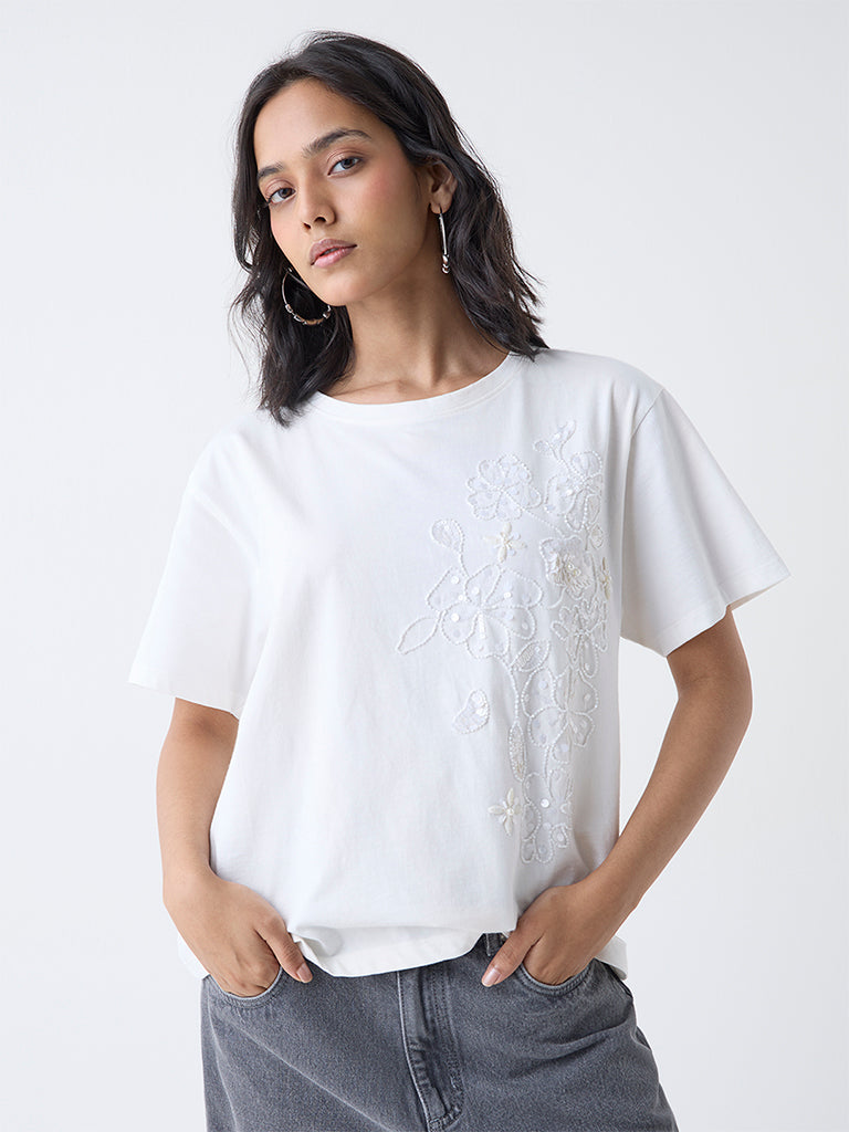 LOV White Floral Embellished Cotton T-Shirt