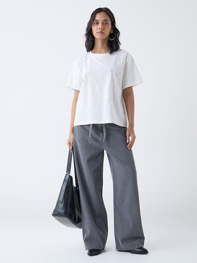 LOV White Floral Embellished Cotton T-Shirt