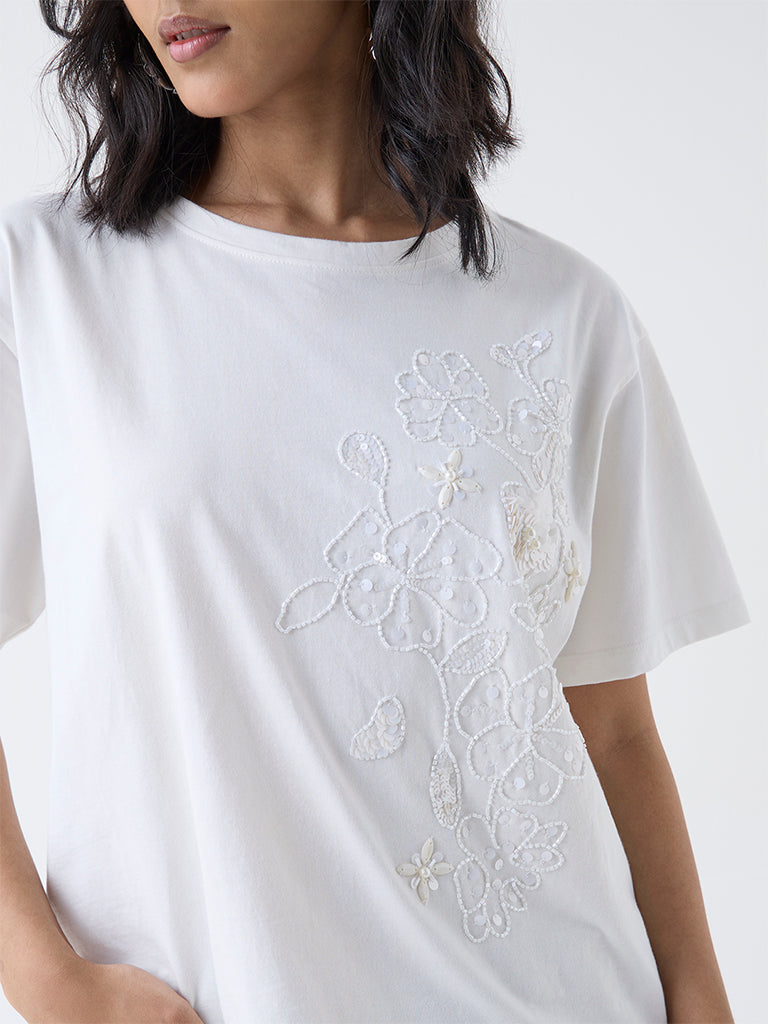 LOV White Floral Embellished Cotton T-Shirt