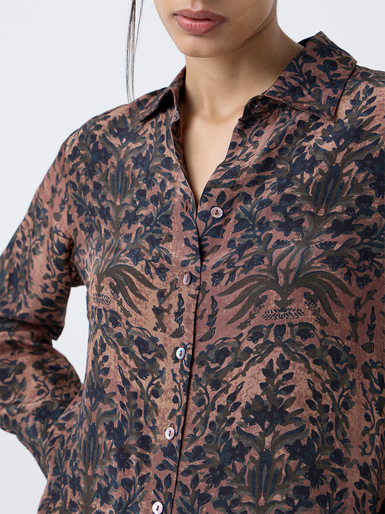 Zuba Brown Botanical Printed Tunic