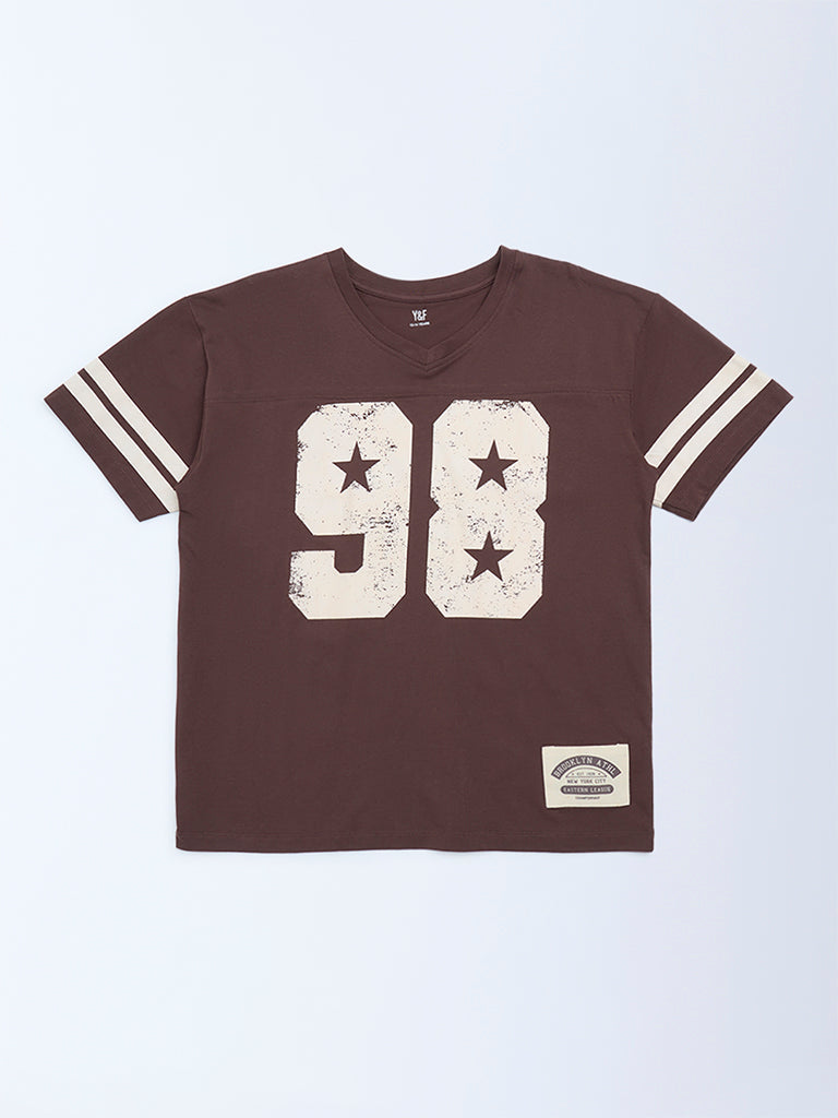 Girls Brown Printed Cotton T-Shirt