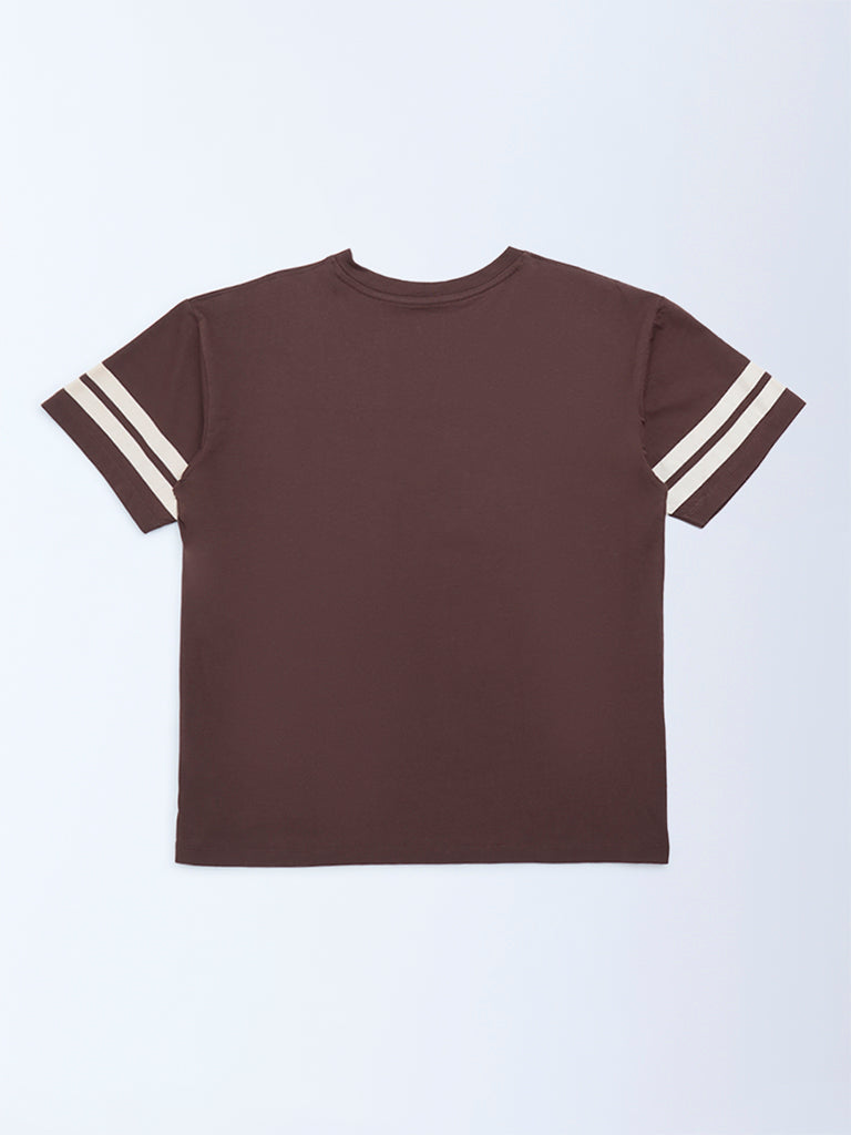 Girls Brown Printed Cotton T-Shirt
