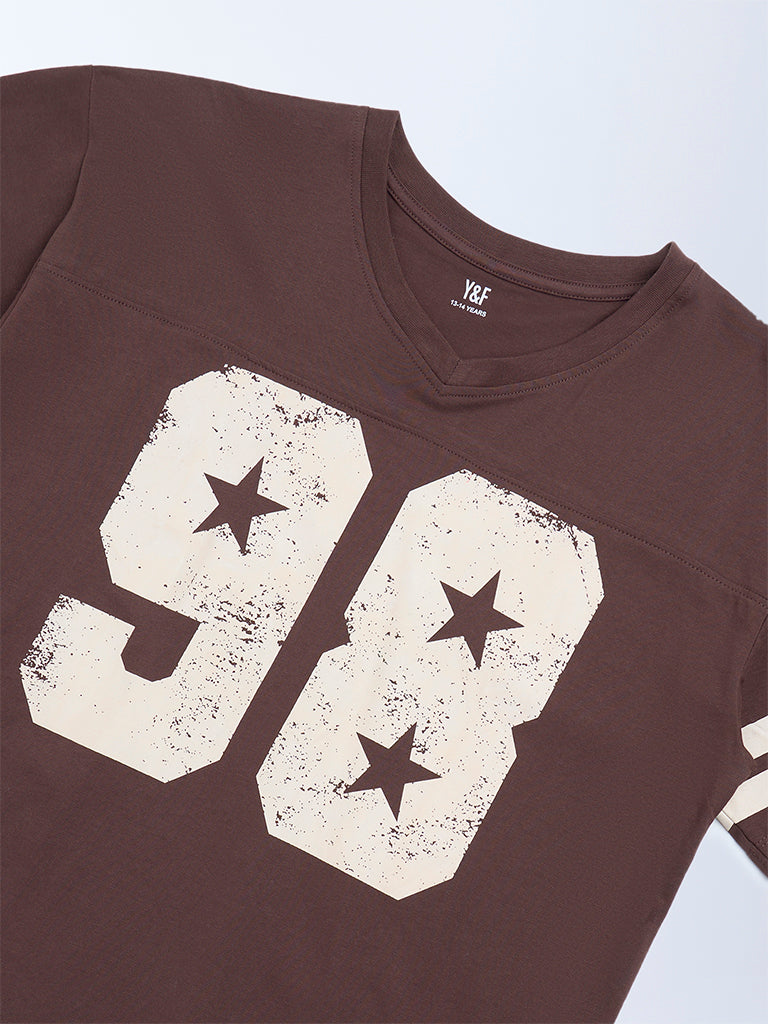 Girls Brown Printed Cotton T-Shirt