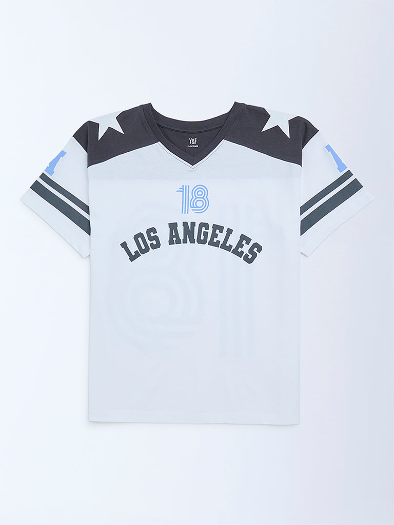 Girls White Colour-Blocked Cotton T-Shirt