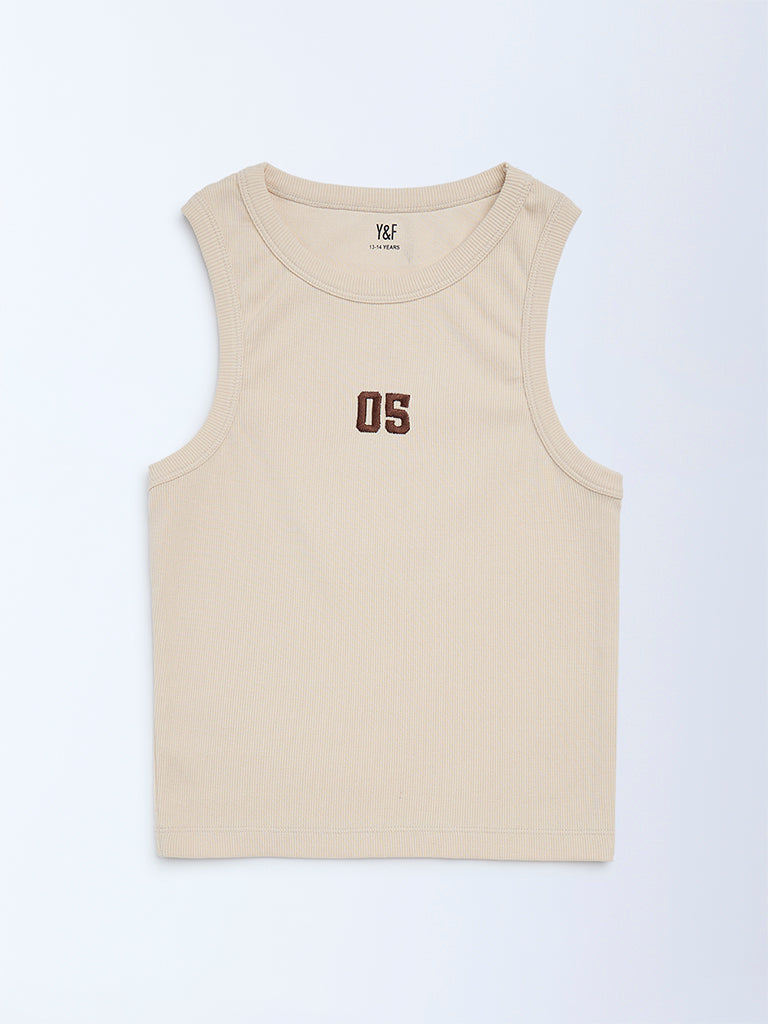 Girls Beige Ribbed-Textured Cotton-Blend Tank Top