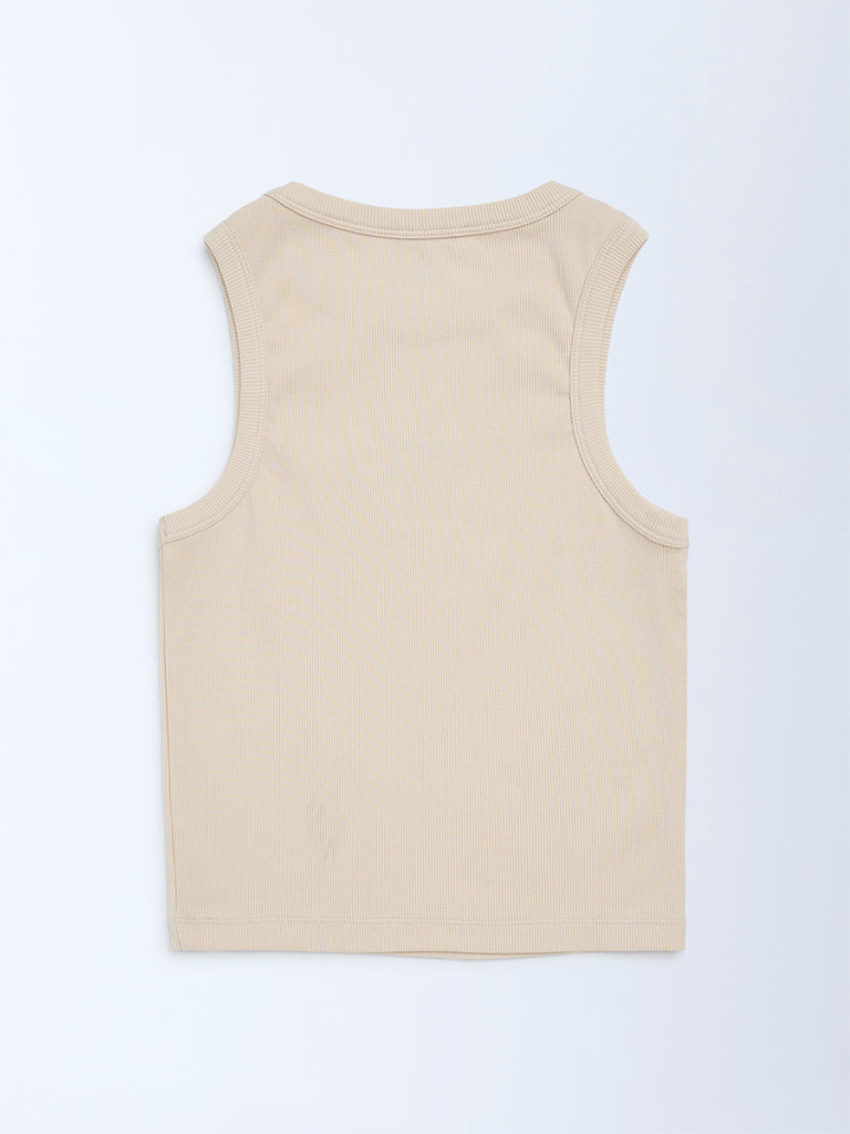 Girls Beige Ribbed-Textured Cotton-Blend Tank Top