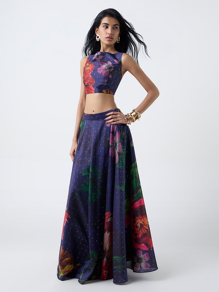 Vark Dark Blue Foliage Design Maxi Skirt