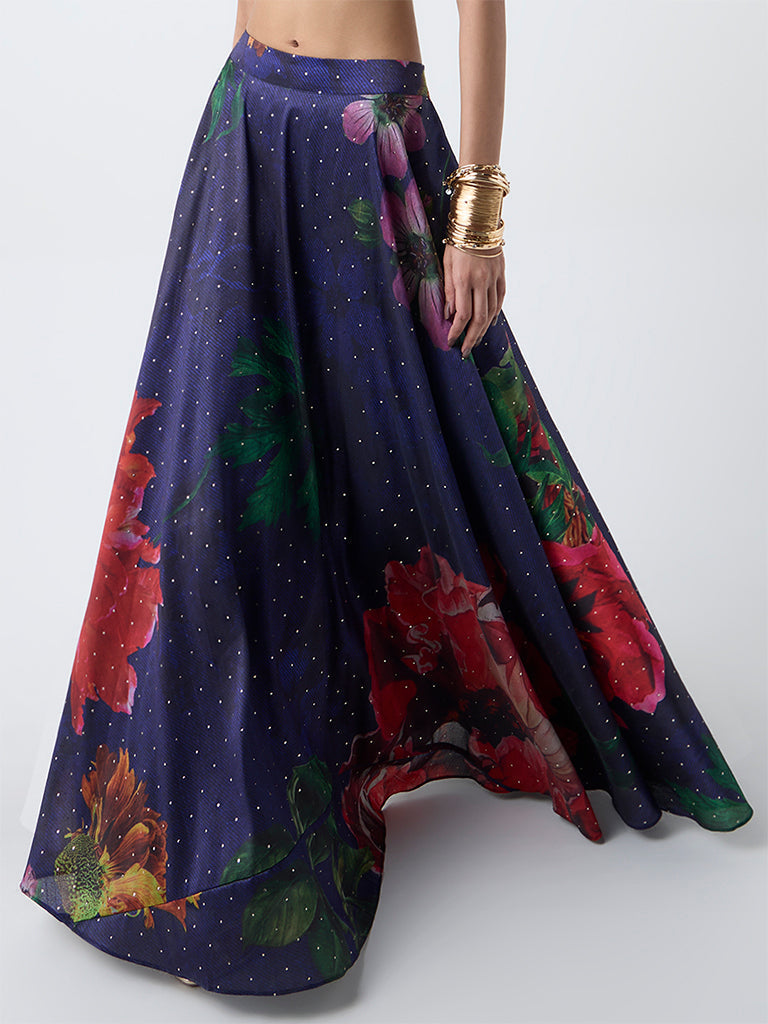 Vark Dark Blue Foliage Design Maxi Skirt