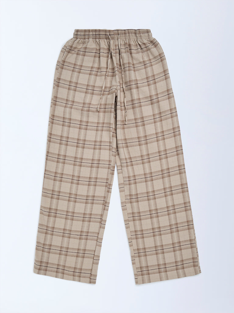 Girls Beige Check Pattern High-Rise Cotton Pyjamas