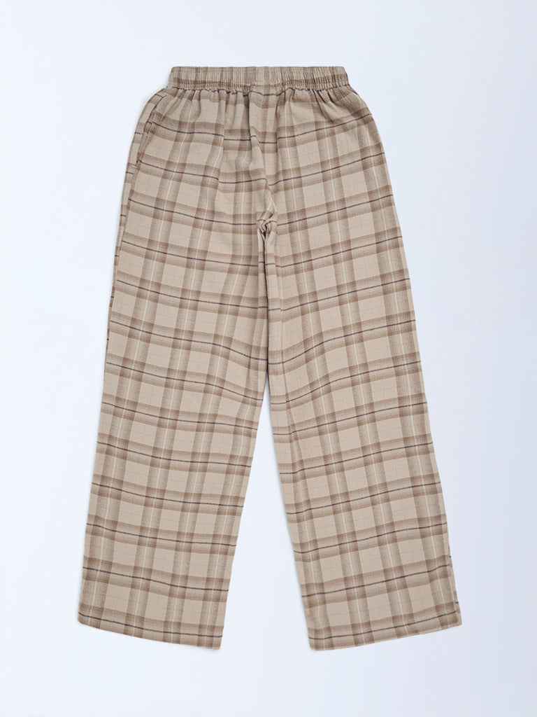 Girls Beige Check Pattern High-Rise Cotton Pyjamas