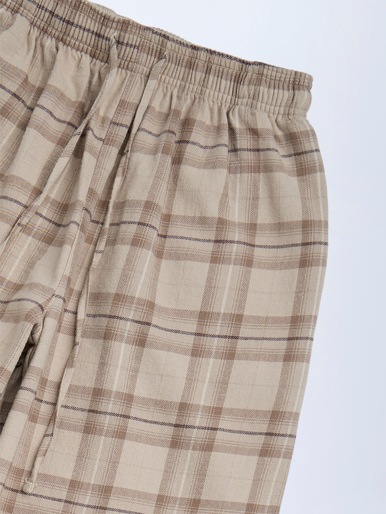 Girls Beige Check Pattern High-Rise Cotton Pyjamas