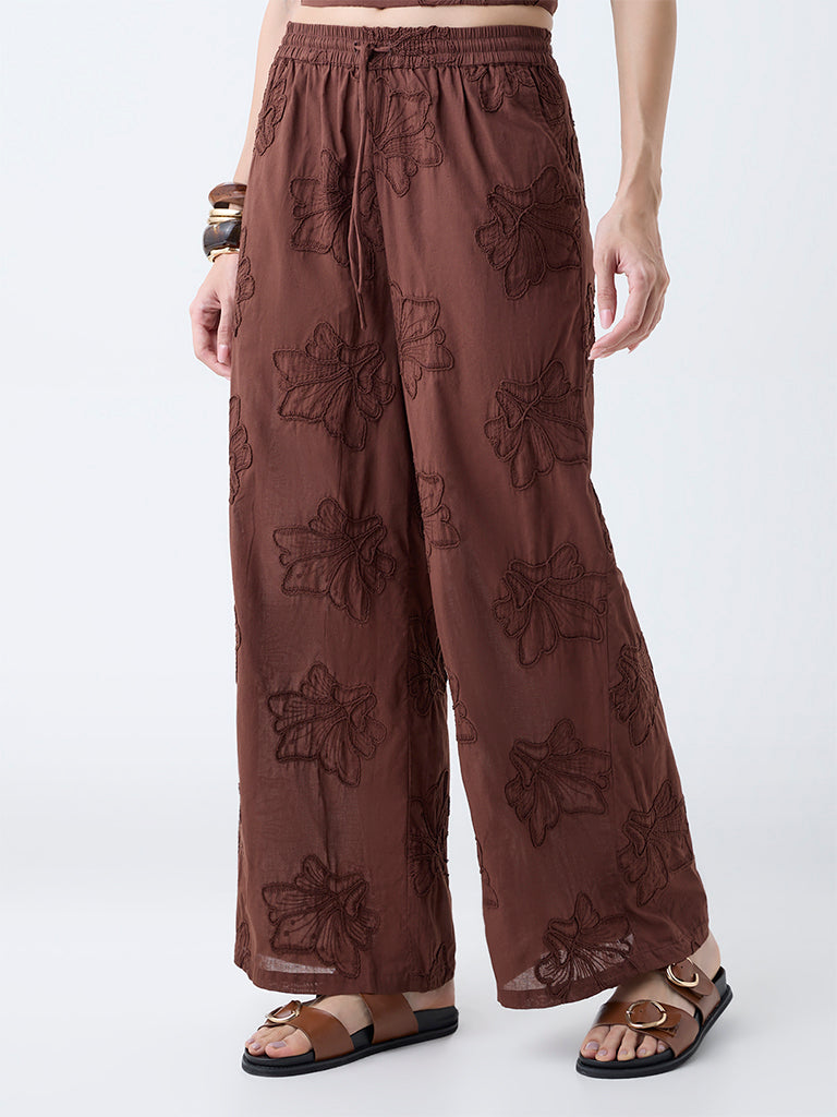 LOV Rust Floral Lace Detailed High-Rise Trousers