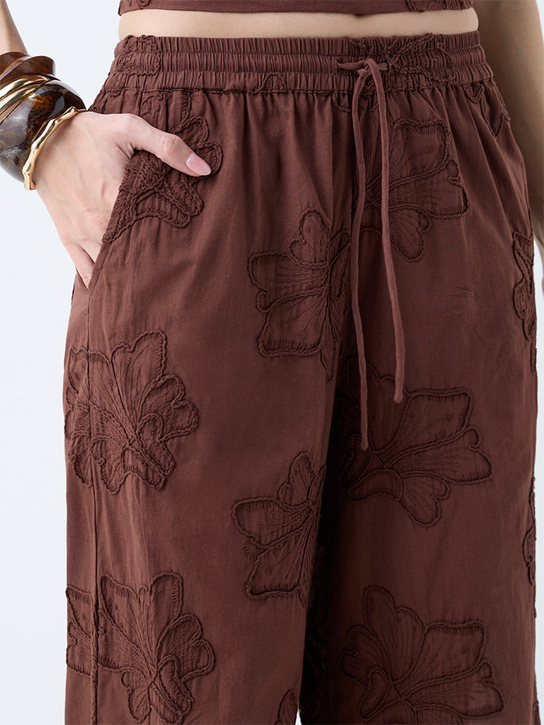 LOV Rust Floral Lace Detailed High-Rise Trousers