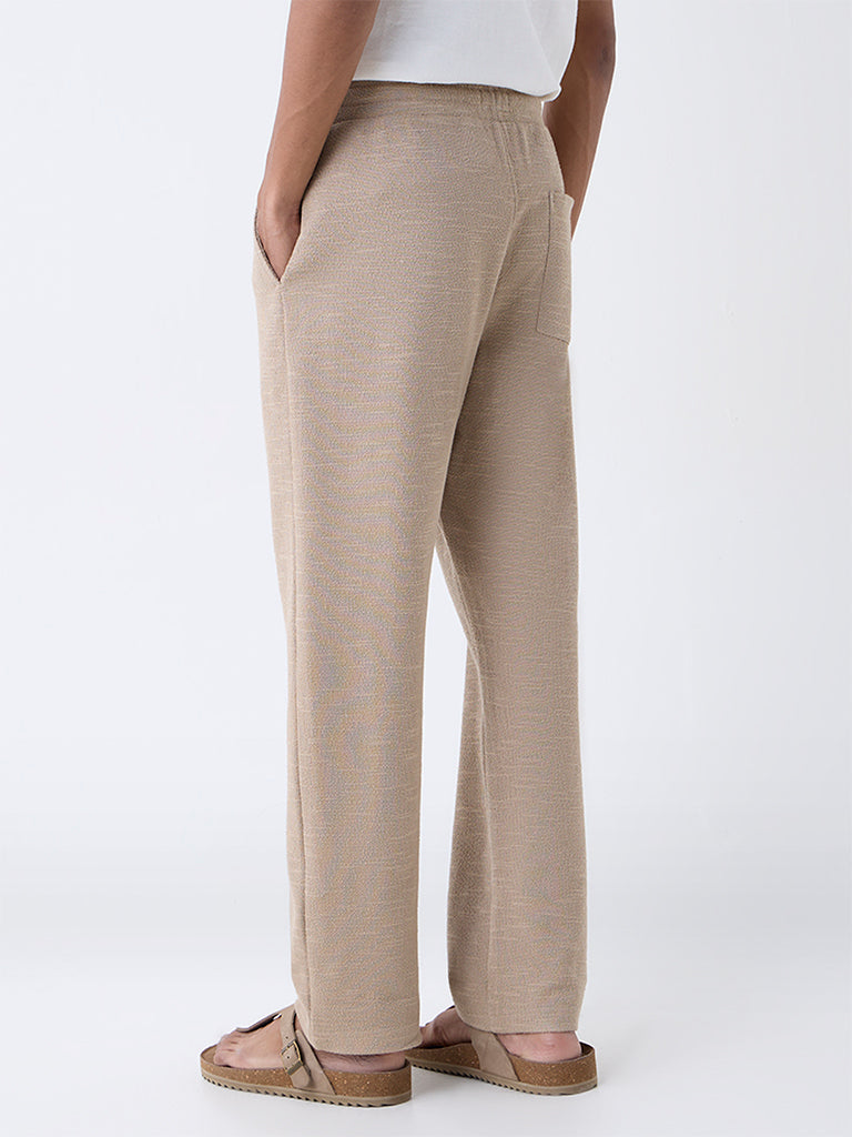 ETA Taupe Textured Relaxed-Fit Mid-Rise Cotton-Blend Pants