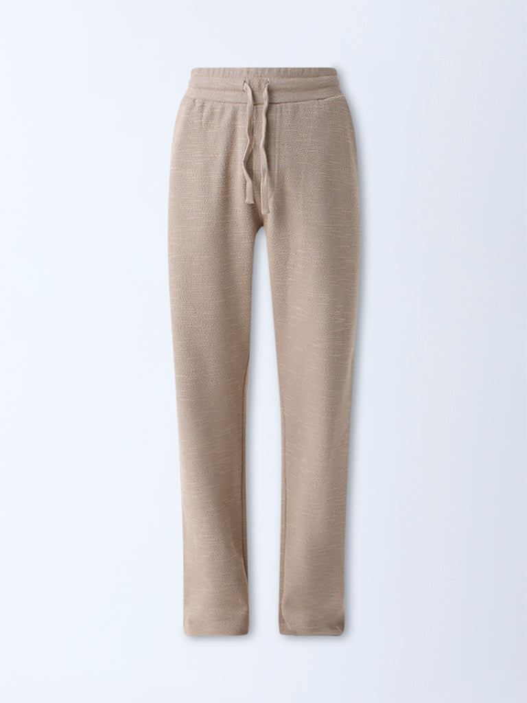 ETA Taupe Textured Relaxed-Fit Mid-Rise Cotton-Blend Pants