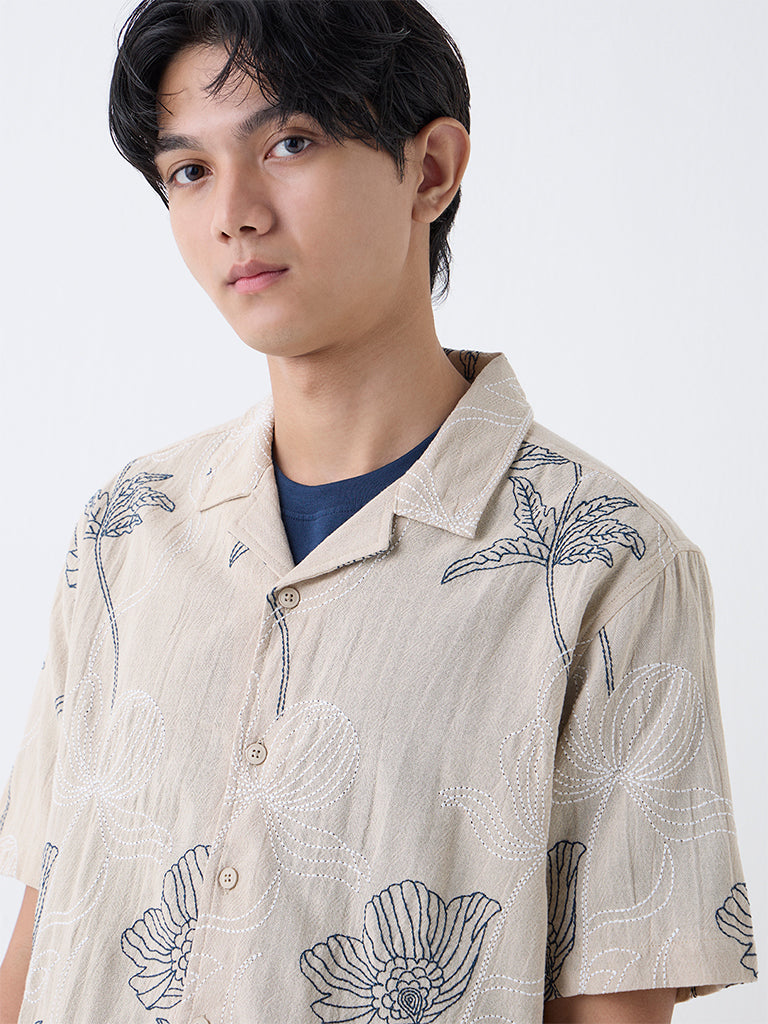 ETA Light Beige Floral Embroidered Relaxed-Fit Cotton Shirt