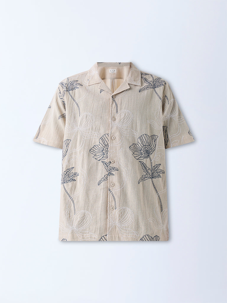 ETA Light Beige Floral Embroidered Relaxed-Fit Cotton Shirt
