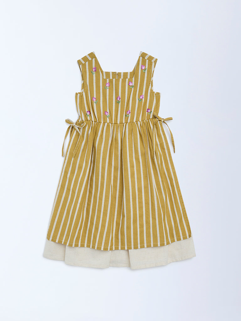 Utsa Kids Girls Mustard Striped A-Line Cotton-Blend Dress - (2 - 8yrs)