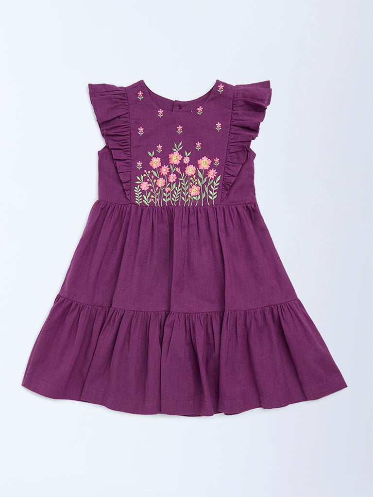 Utsa Kids Girls Purple Floral Embroidered Tiered Cotton-Blend Dress - (2 - 8yrs)