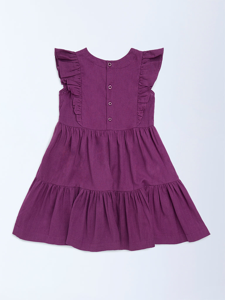 Utsa Kids Girls Purple Floral Embroidered Tiered Cotton-Blend Dress - (2 - 8yrs)