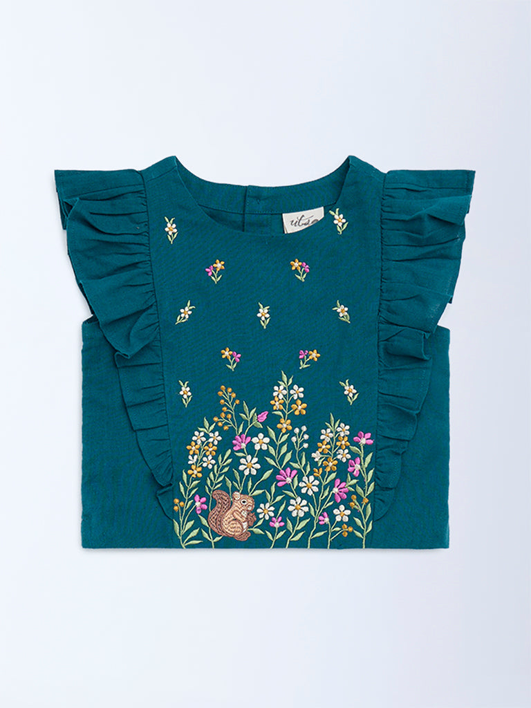 Utsa Kids Girls Teal Floral Embroidered Cotton-Blend Top - (2 - 8yrs)