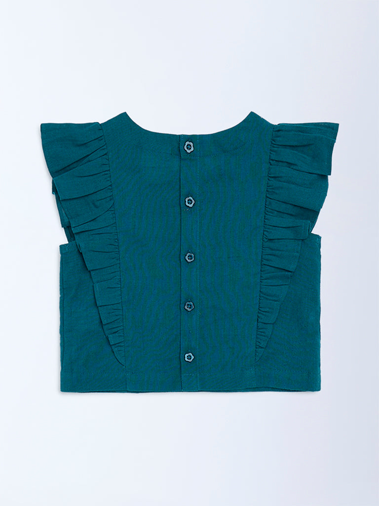 Utsa Kids Girls Teal Floral Embroidered Cotton-Blend Top - (2 - 8yrs)