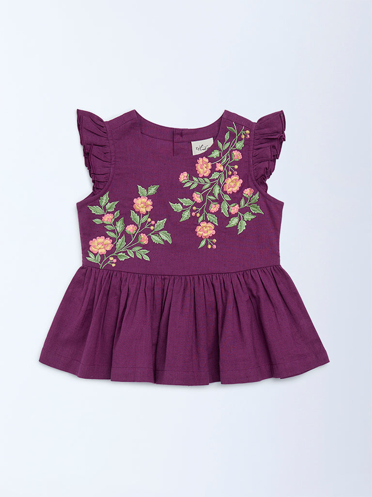Utsa Kids Girls Purple Floral Embroidered Cotton-Blend Peplum Top (2 - 8yrs)